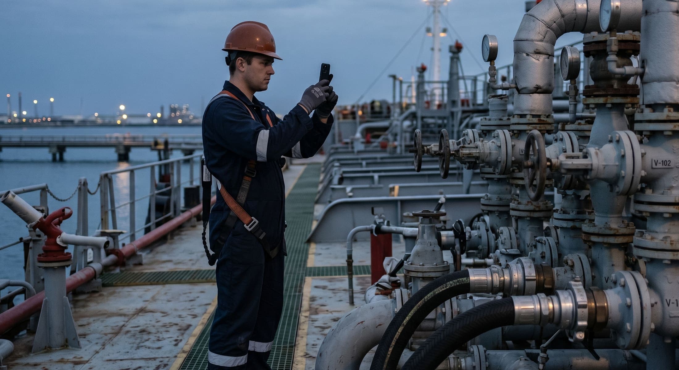 A tanker crew member photographing manifold pipework at dusk for the inspection record.