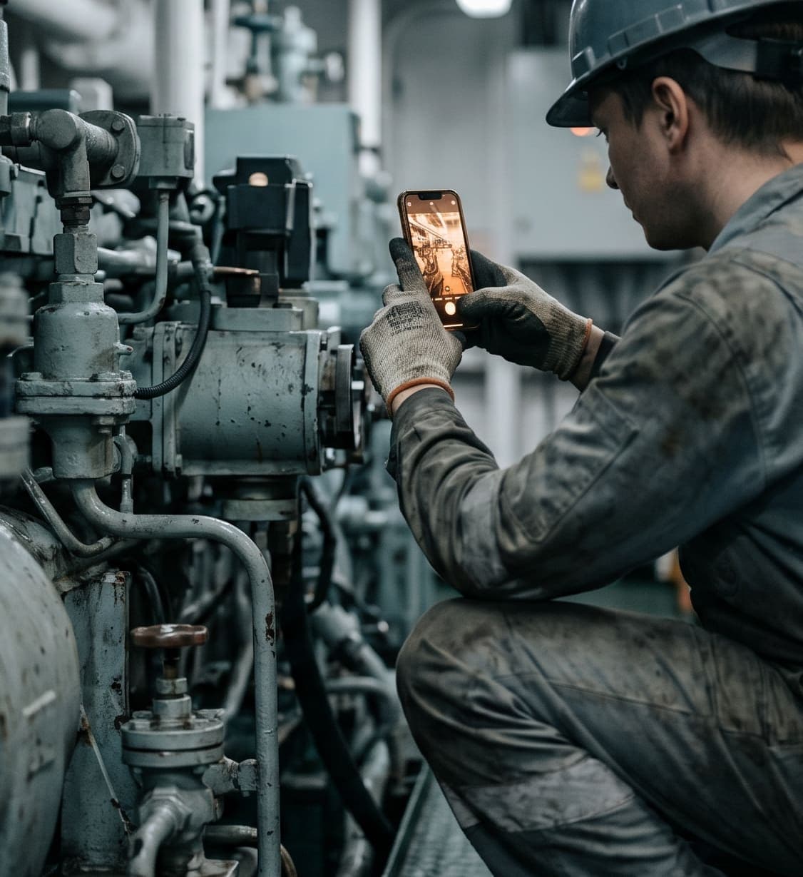 A seafarer photographing equipment on a smartphone during a walk-through.