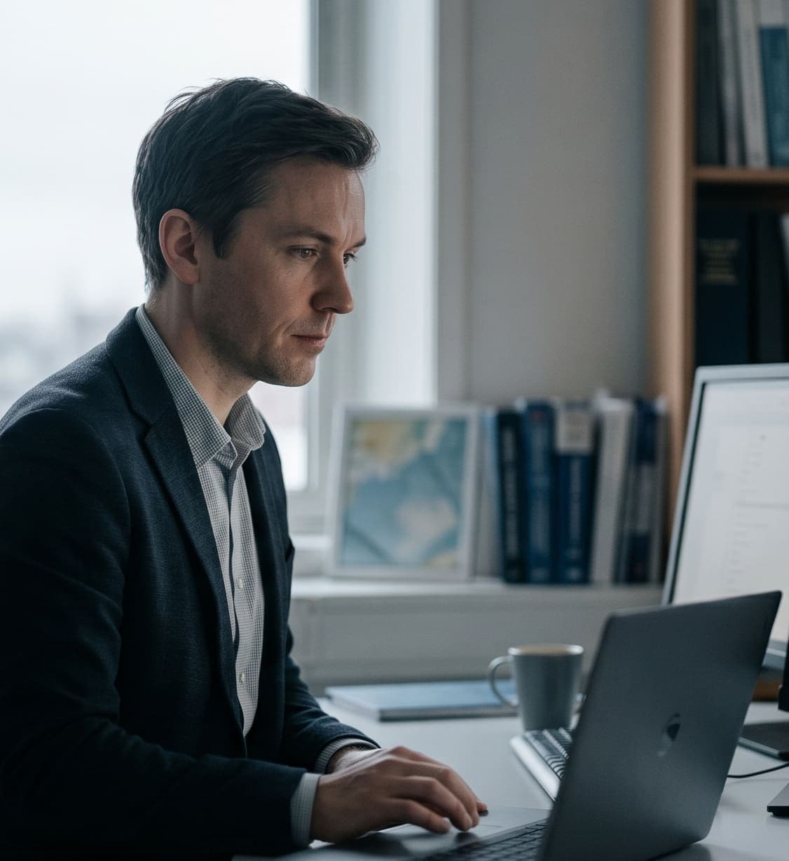 A superintendent reviewing the vessel's evidence on a laptop ashore.