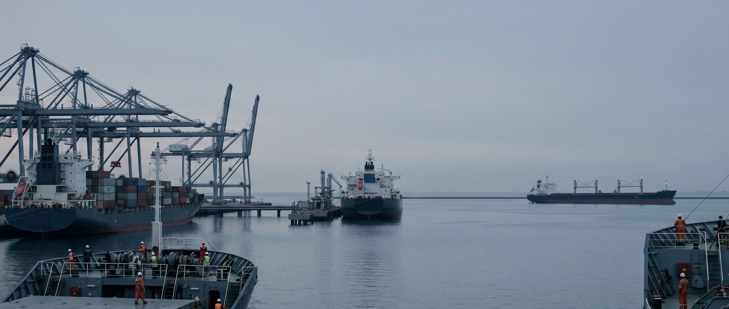 A commercial seaport at first light: a container ship at the cranes, a tanker at the terminal, and a bulk carrier at anchor.