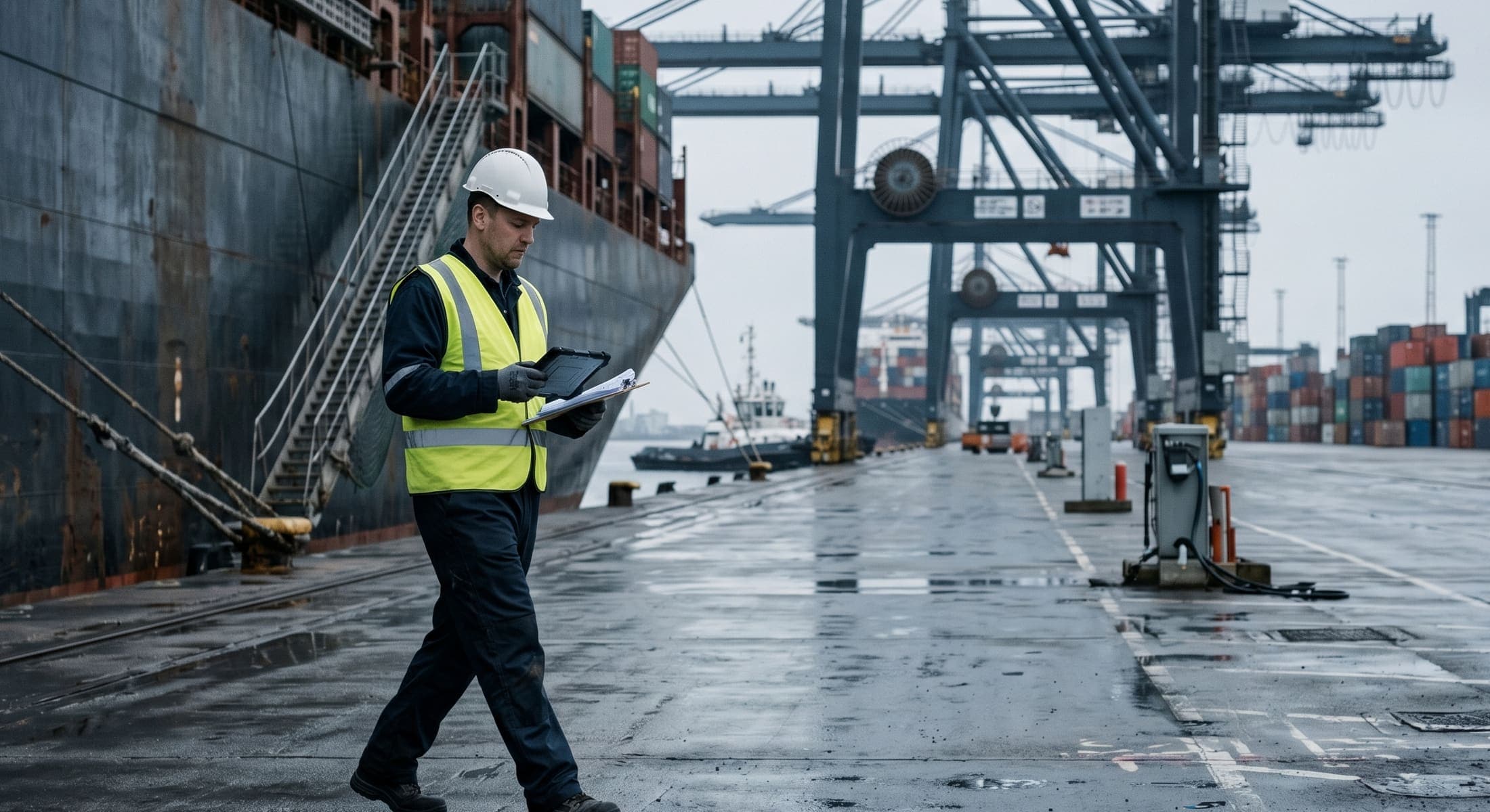 A Port State Control inspector walking a wet quay beside a container ship, gantry cranes behind.