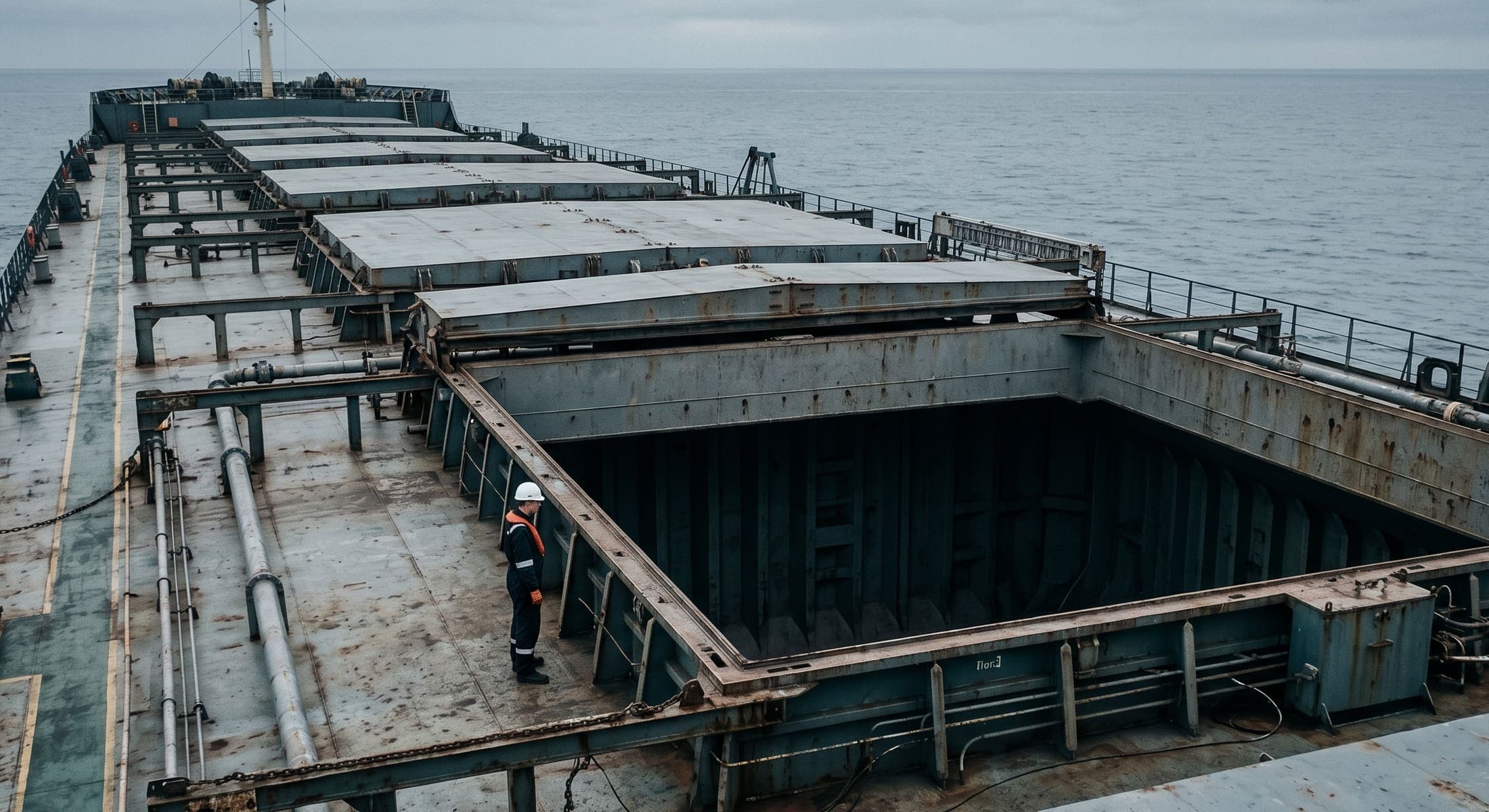 The open cargo holds and hatch covers of a bulk carrier at sea, a crew member on deck for scale.