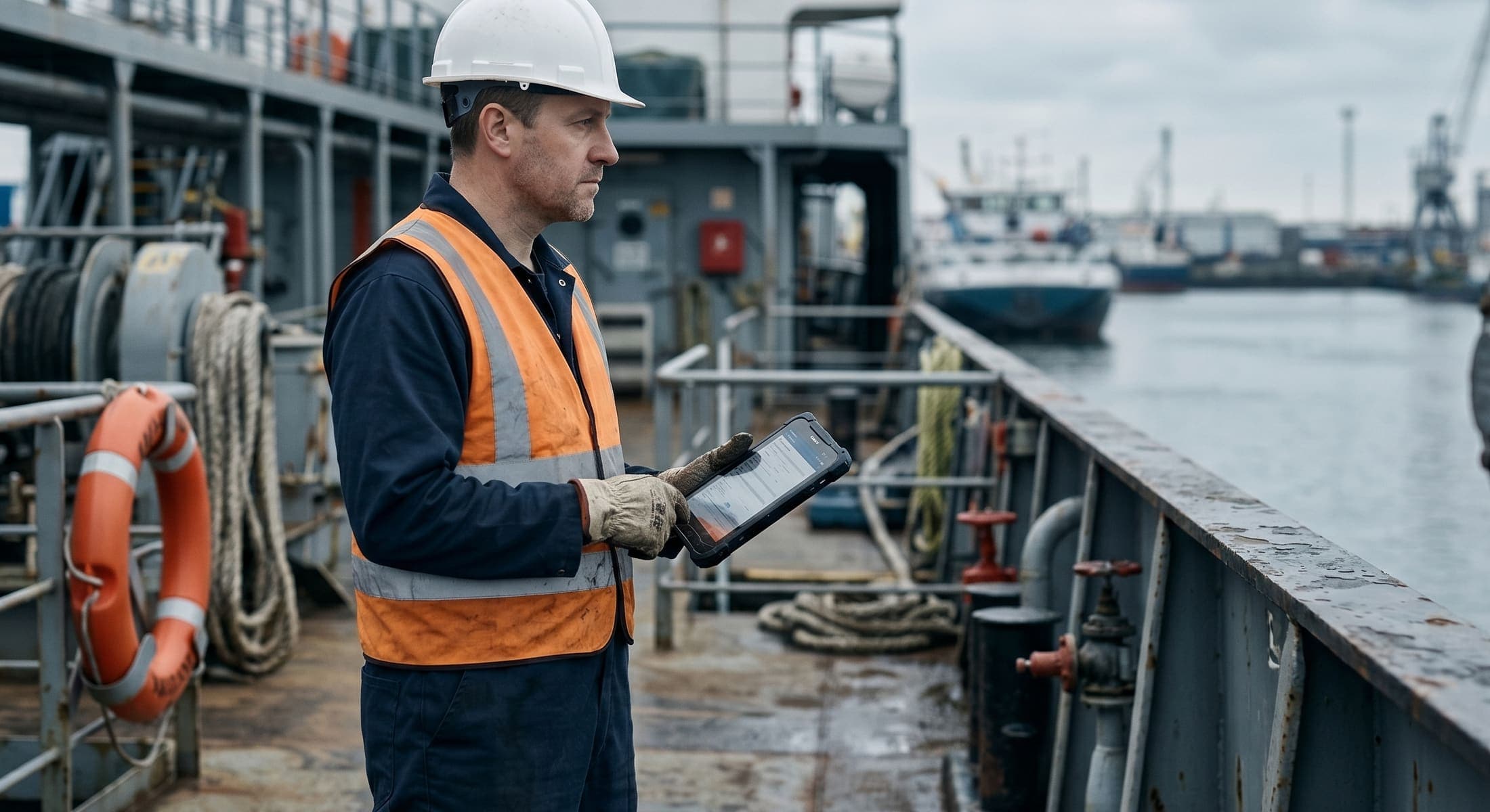A vetting inspector reviewing items on a rugged tablet on a ship's deck.