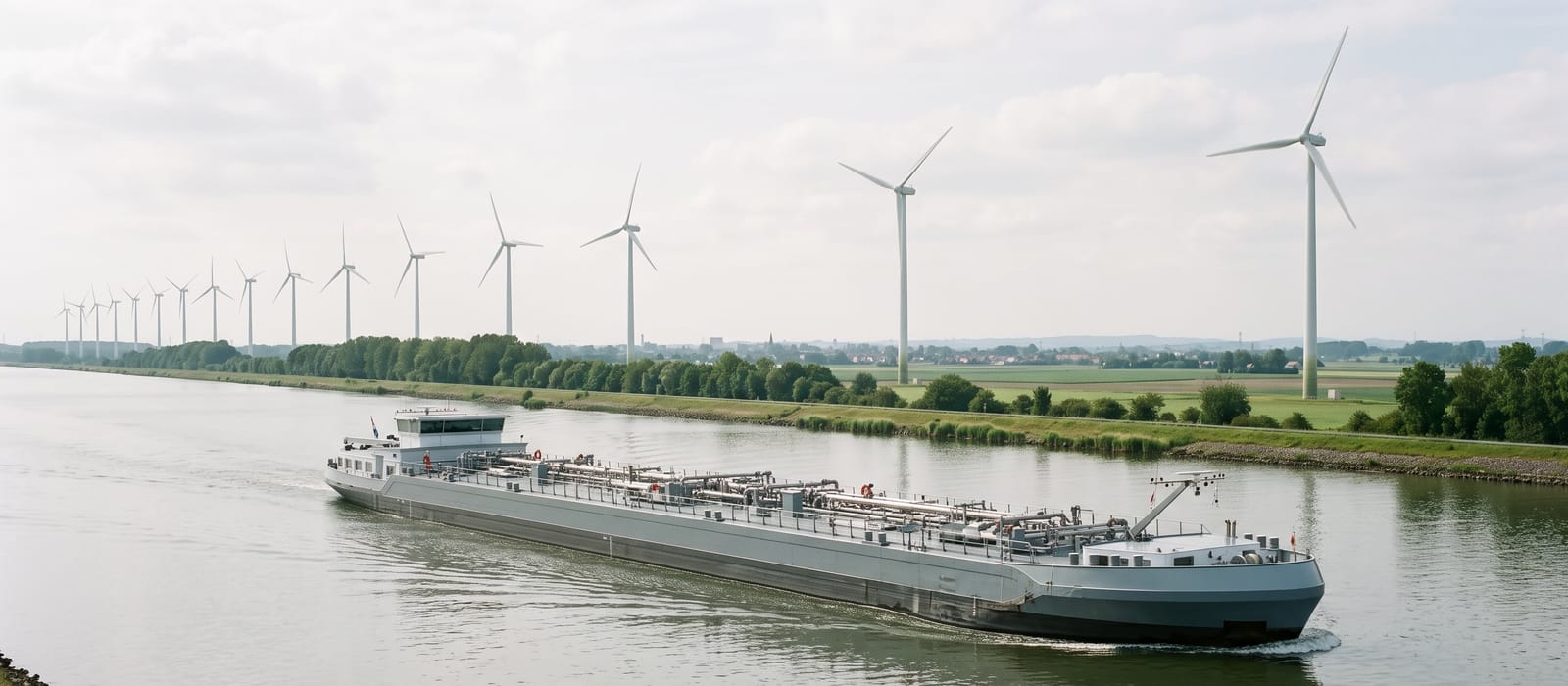A modern inland tanker barge on a wide canal passing a row of wind turbines.