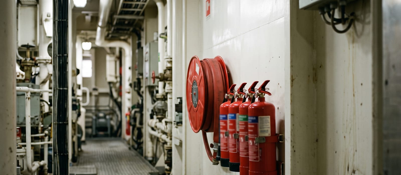 Red fire extinguishers and a coiled hose reel mounted on a white wall in a vessel's engine room passage.