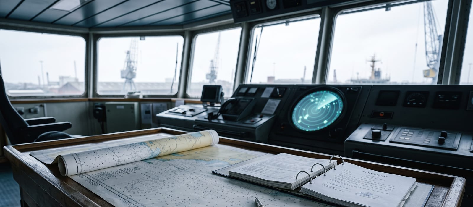 A ship's chart table with paper charts and an open certificates binder, radar screen glowing behind.