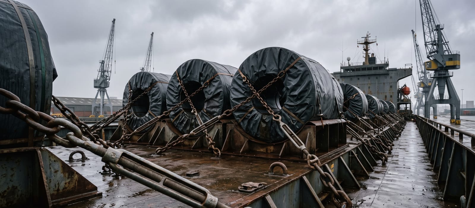 Heavy chains and tensioned turnbuckles lashing covered steel coils on a cargo ship's deck.