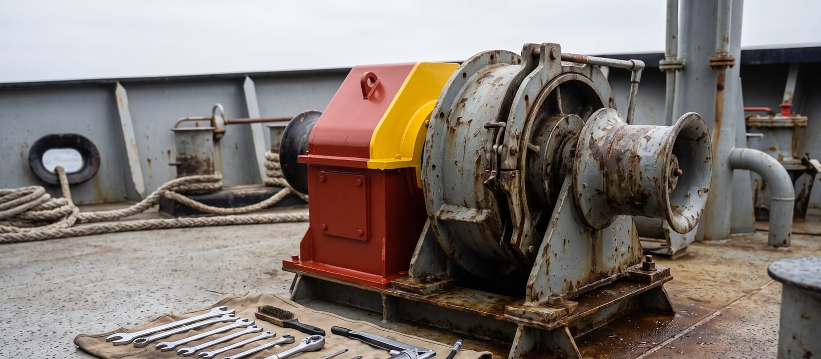 Freshly painted deck machinery next to weathered steel on a ship's deck, maintenance tools laid out on a cloth.