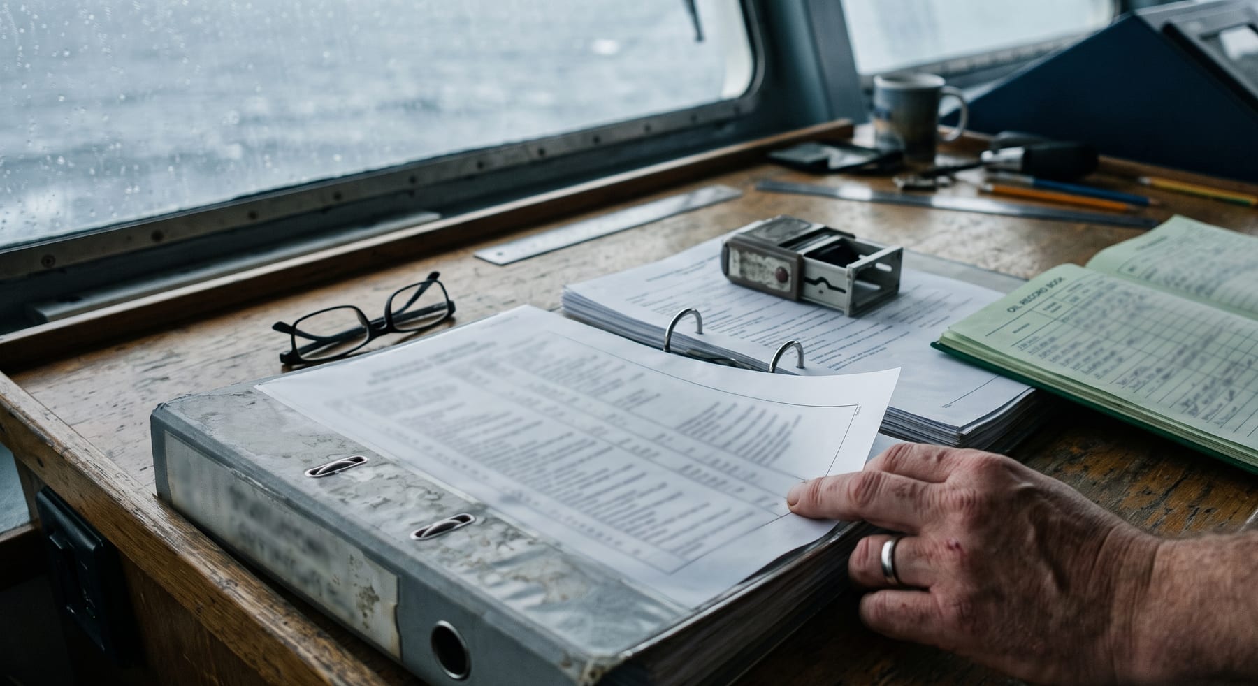 A master's bridge desk with the statutory certificates binder, oil record book and stamp, a hand turning a page.