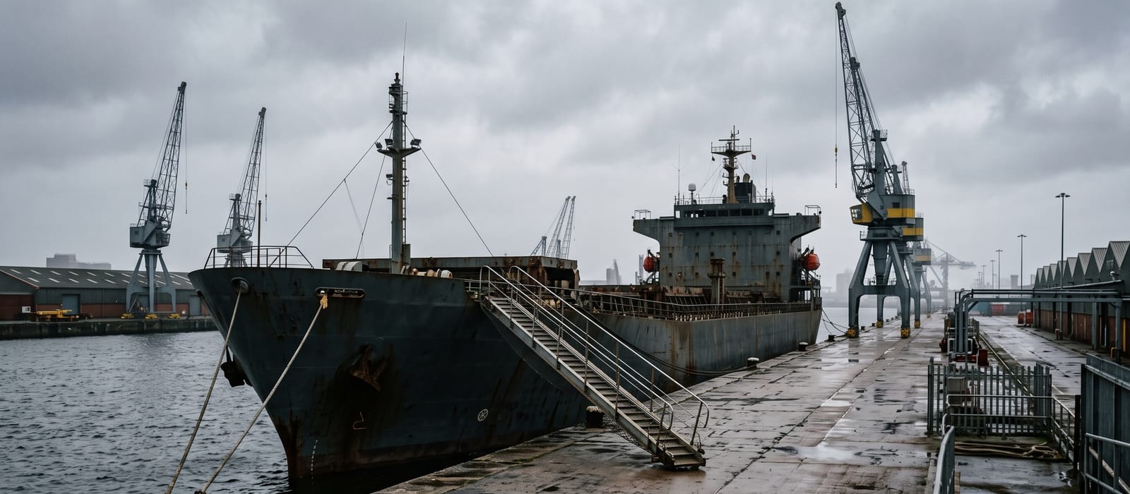 A cargo ship moored alongside a grey port quay under an overcast sky, gangway down, harbour cranes idle above.