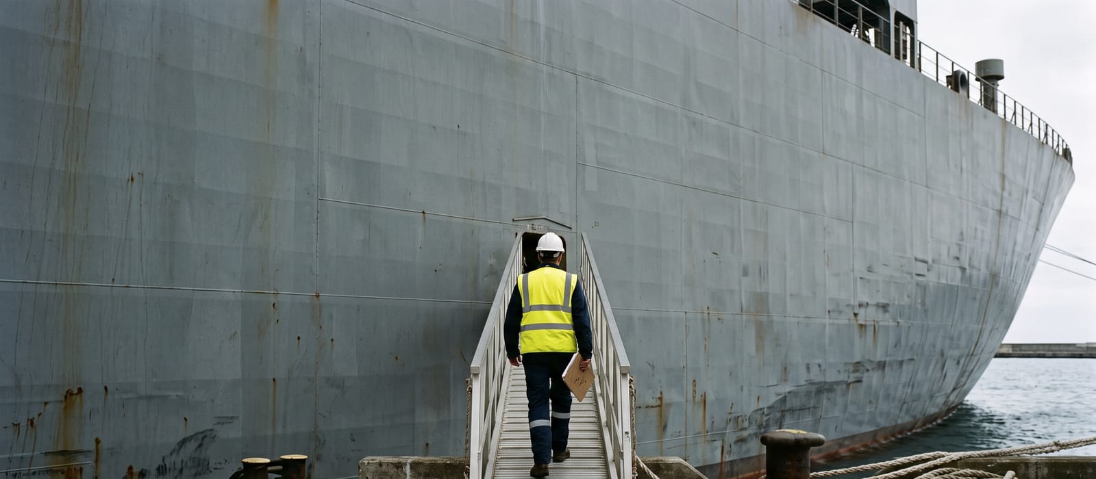 A port state control officer in a hi-vis vest climbing a ship's gangway from the quay, the hull towering above.