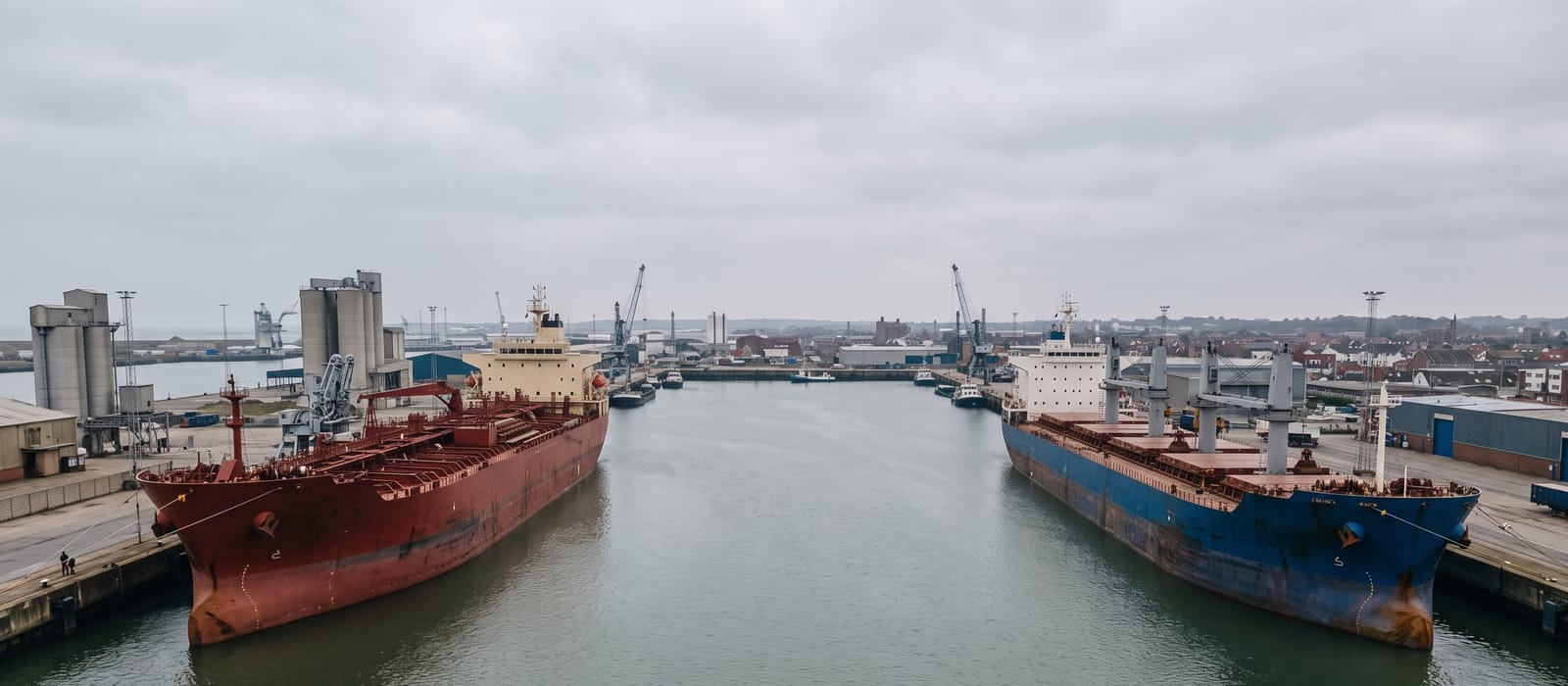 A tanker and a dry bulk carrier moored on opposite sides of the same harbour basin under an overcast sky.