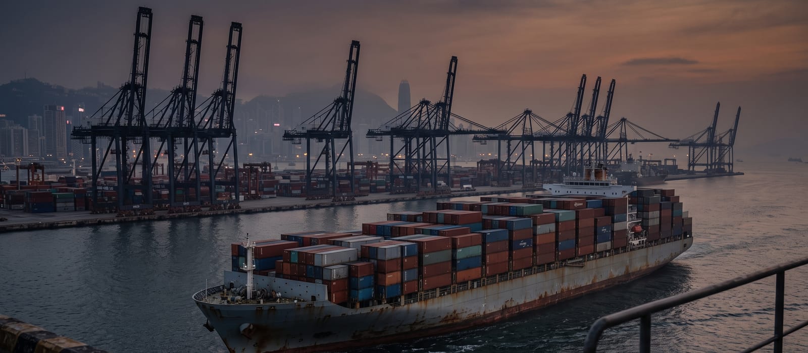 A container ship arriving at a vast Asian container port at dusk, gantry cranes silhouetted against the haze.