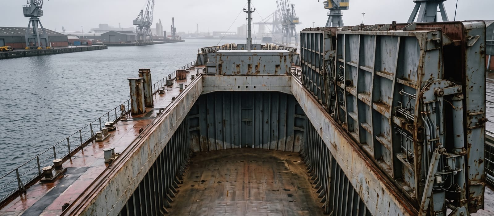 Looking down into the open, swept cargo hold of a dry bulk carrier, hatch covers folded open.