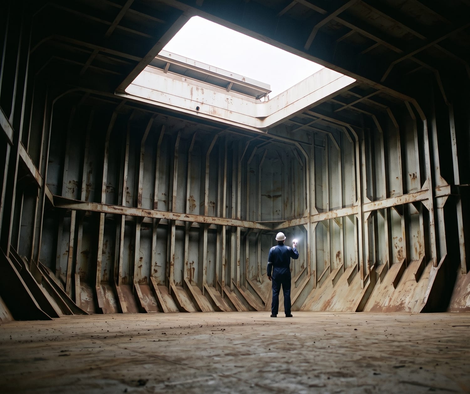 A surveyor sweeping a flashlight across the steel frames of an empty dry bulk cargo hold, daylight falling through the open hatch.