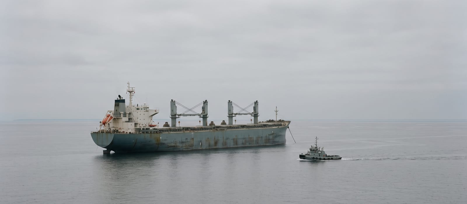 A bulk carrier waiting at anchor in flat grey water as a small tug approaches.