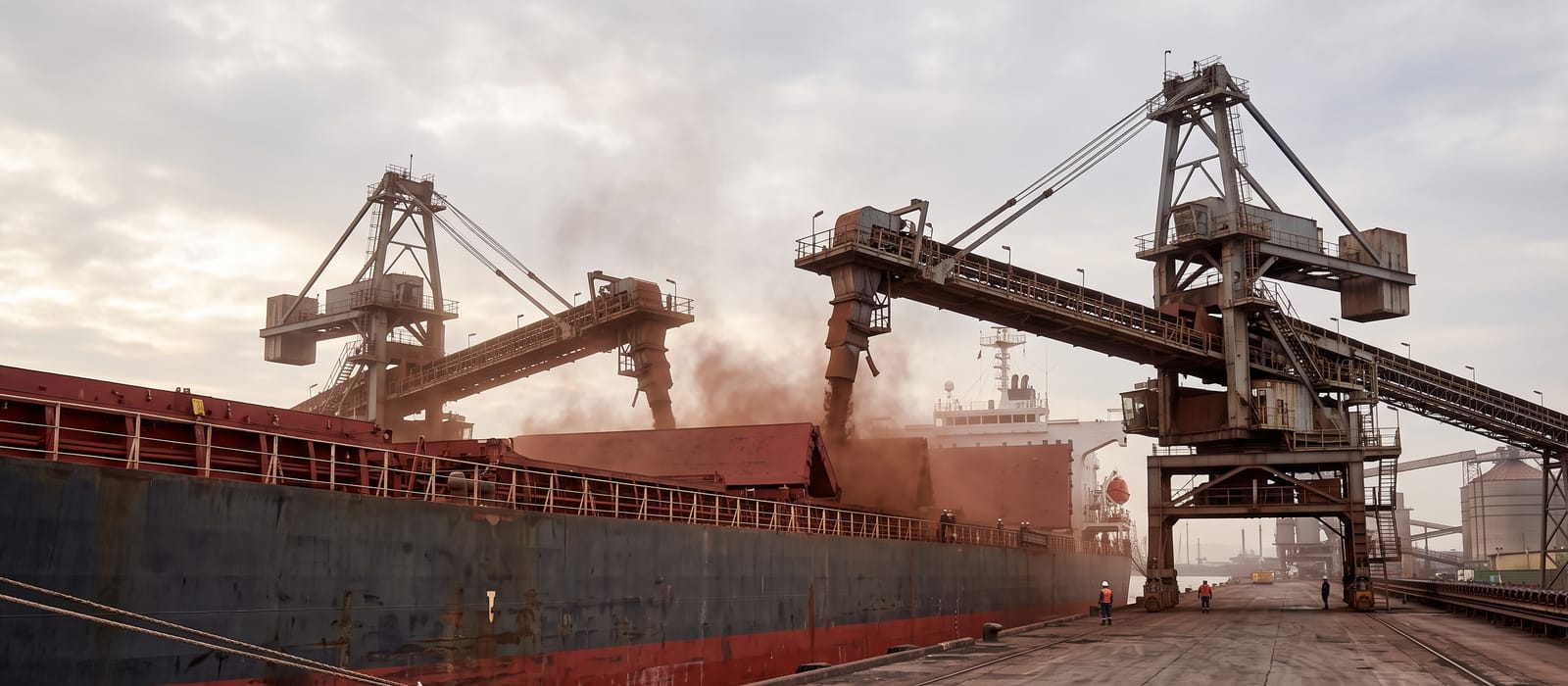 A dry bulk carrier loading under two gantry loaders, ore dust in the air, seen from the quay.
