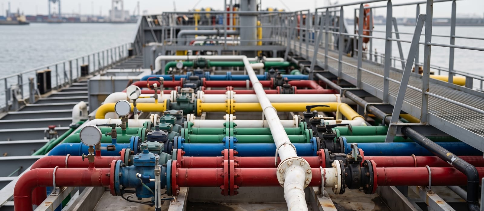 The manifold of a chemical tanker: colour-coded pipes, flanges and drip trays in crisp detail.