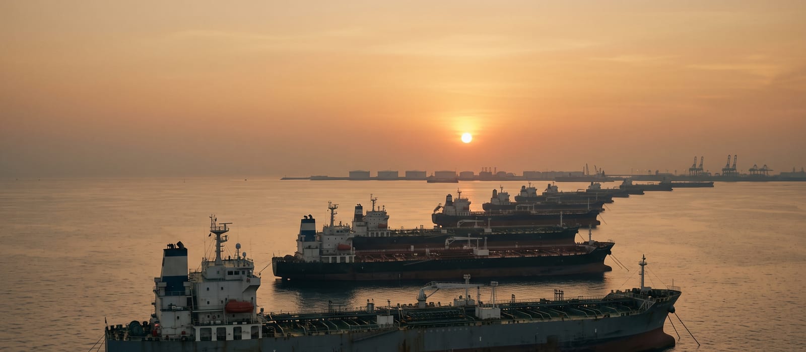 A row of tankers at anchorage receding toward the horizon at sunset.