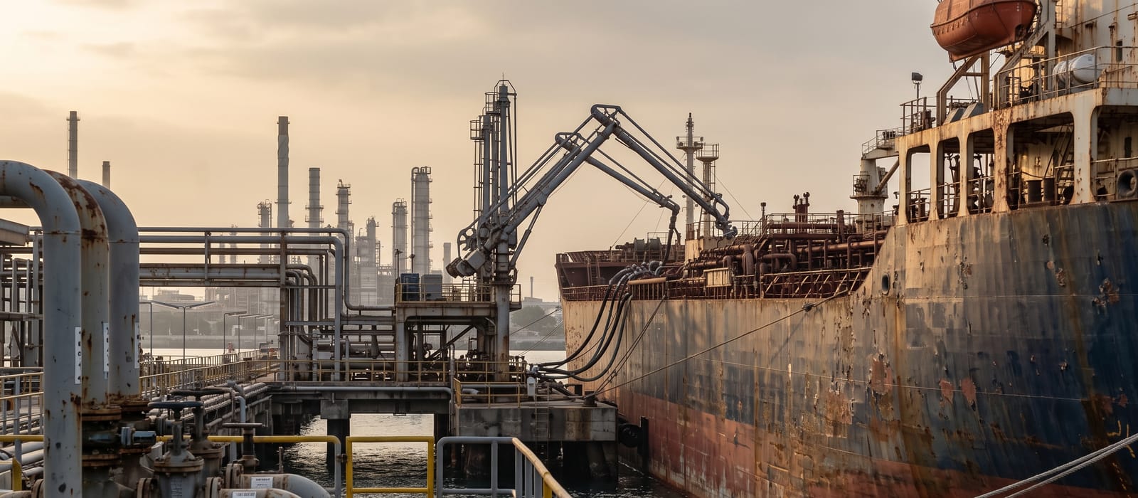 An oil tanker alongside a refinery terminal jetty with loading arms connected, in hazy late light.