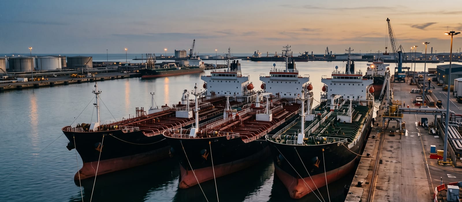 Product tankers moored along a terminal quay in evening light, seen from the shore.