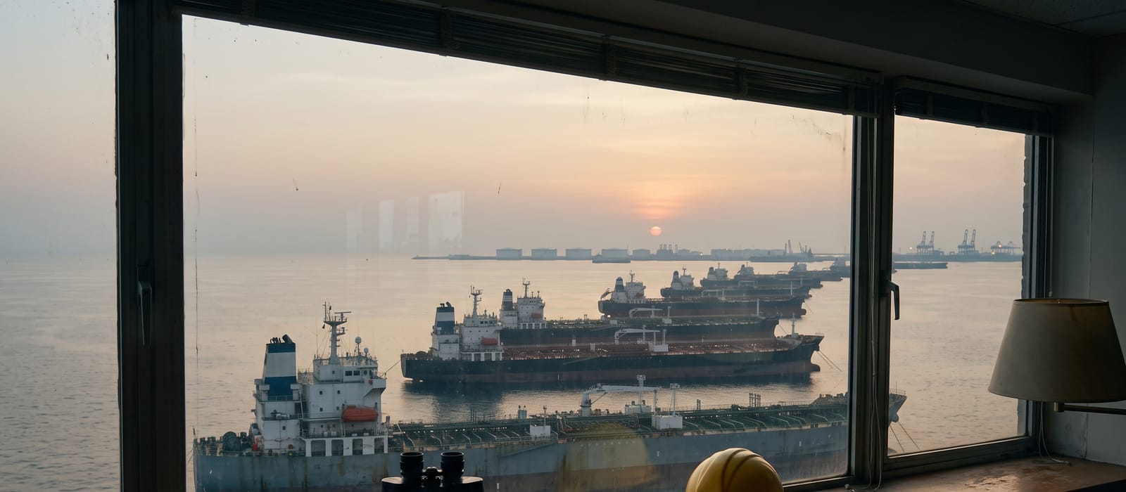 Tankers seen through the window of a port office, binoculars and a hard hat on the windowsill.