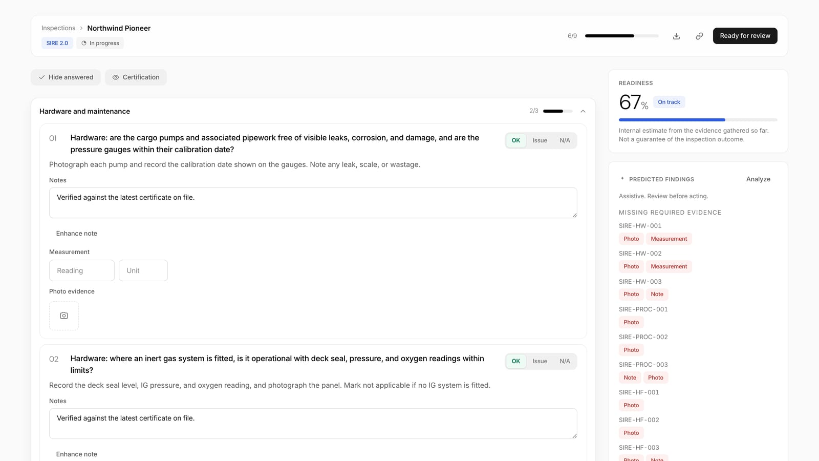 A SIRE 2.0 pre-vetting run in Fleetward: hardware items with notes and photo evidence, the readiness estimate and missing-evidence flags beside them.